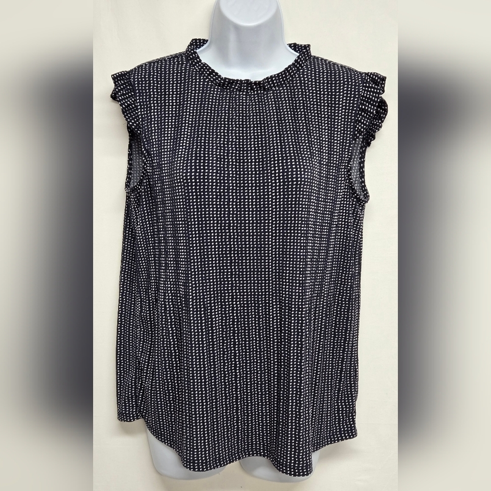 Adrianna Papell S Pullover Stretch Top Blouse Polka Dot Ruffle Neck And Sleeves
